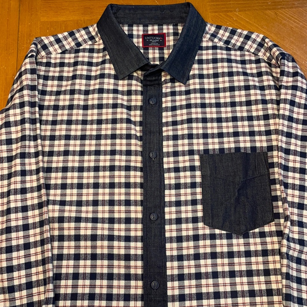 Men’s Untuckit Flannel Button Up Shirt Blue / Cream Plaid Size XXL Slim Fit
